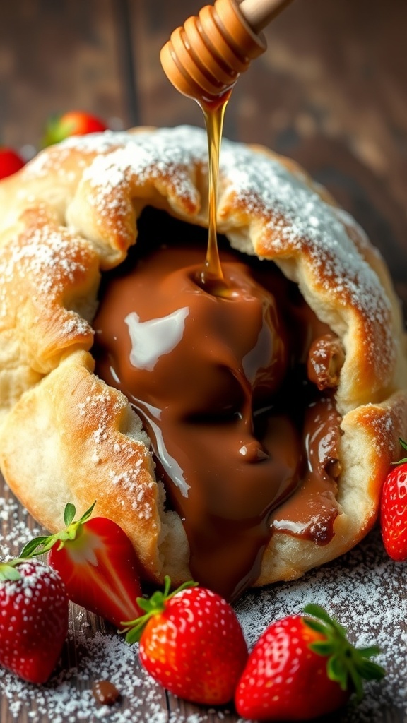 Sweet pita bread dessert filled with chocolate, dusted with powdered sugar, and garnished with strawberries.